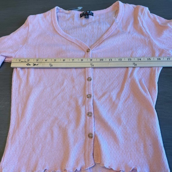 POOF New York Pink Ribbed Button-Up Cardigan Long Sleeve Ruffle Trim Size L - Picture 5 of 8